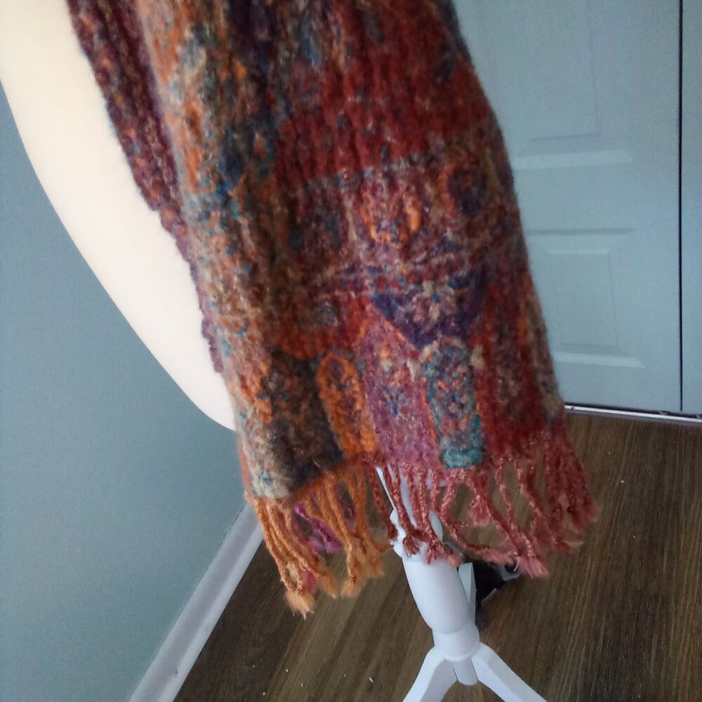 VTG PUTUMAYO 100% WOOL MADE IN INDIA PAISLEY BOHO SHAWL FRINGE ARM HOLES CRINKLE - Picture 2 of 8